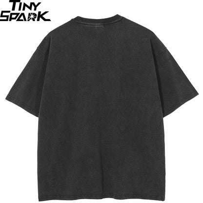 Men Washed Black T-Shirt Harajuku Streetwear Red Face Graphic T Shirt Cotton Vintage Tshirt Hipster Tops Tee Unisex Y2K