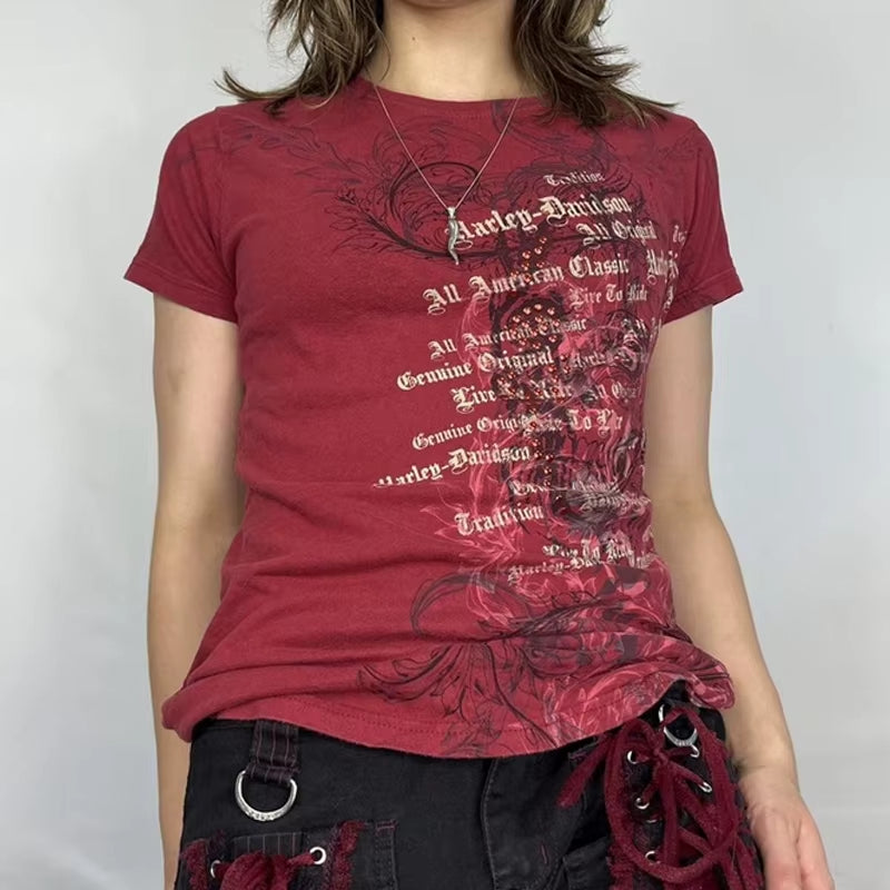 Women 90S Vintage Grunge Crop Tops Y2K Grunge Letter Print T-Shirt Retro Graphic Short Sleeve Tee Punk Hip Hop Cyber Streetwear