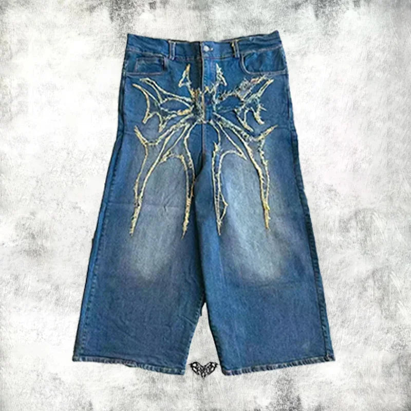 Y2K Baggy Jeans Vintage Spider Embroidered Splicing High Quality Jeans Streetwear Gothic Men Women Casual Hip Hop Wide Leg Jeans