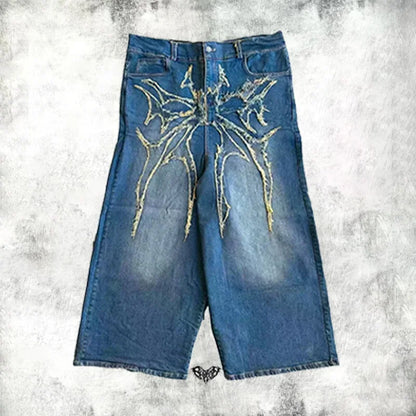 Y2K Baggy Jeans Vintage Spider Embroidered Splicing High Quality Jeans Streetwear Gothic Men Women Casual Hip Hop Wide Leg Jeans