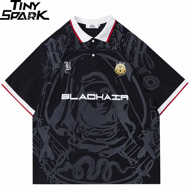 Men Hip Hop Streetwear Polo T-Shirt Virgin Mary Graphic Embroidery 2024 Summer Oversized Polo Shirt Retro Casual Cotton Tops Tee