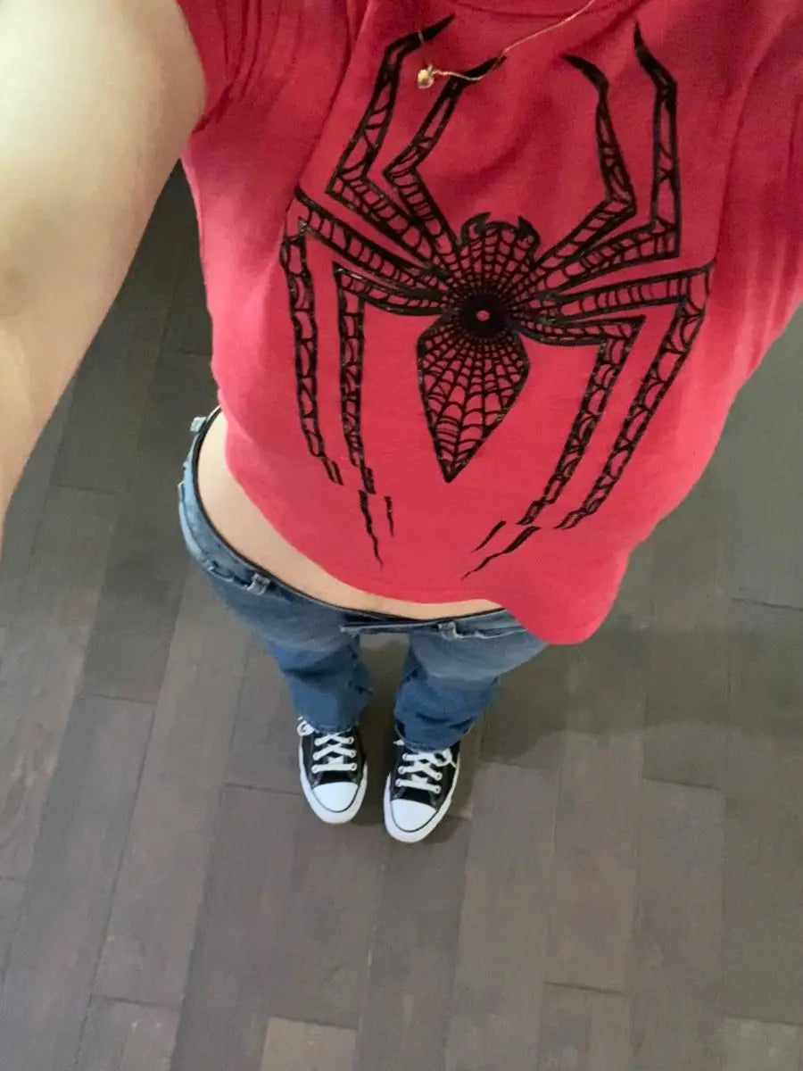 Spider Print Graphic Women Baby Tee Streetwear Vintage Letter Crop Summer Casual Trash Basic Goth Slim Short Sleeve T-Shirt Emo