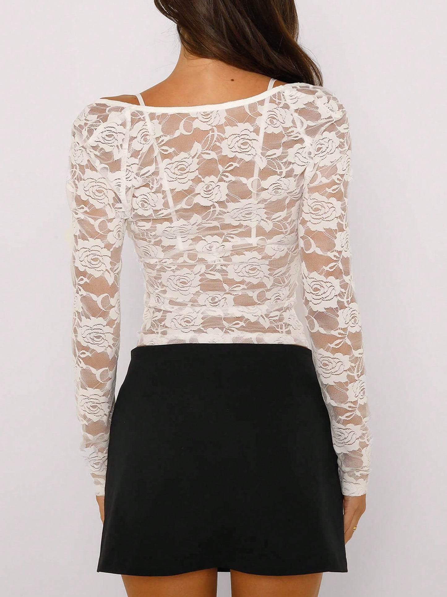 Women Summer Floral Y2K 2 Piece Lace Tops Low Cut Sheer Long Sleeve Pullovers Fitted Crop Shirt with Bra Streetwear Clubwear