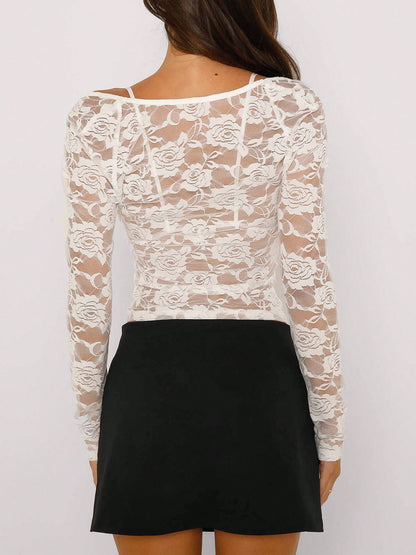 Women Summer Floral Y2K 2 Piece Lace Tops Low Cut Sheer Long Sleeve Pullovers Fitted Crop Shirt with Bra Streetwear Clubwear