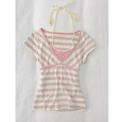 Japanese Subculture Fake Two Short-Sleeved T-Shirts Pink Striped Wide Necktie Tie Neck Women'S Tees Y2K Sweet Spicy Slim Tops