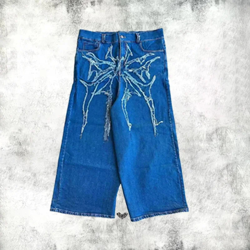 Y2K Baggy Jeans Vintage Spider Embroidered Splicing High Quality Jeans Streetwear Gothic Men Women Casual Hip Hop Wide Leg Jeans