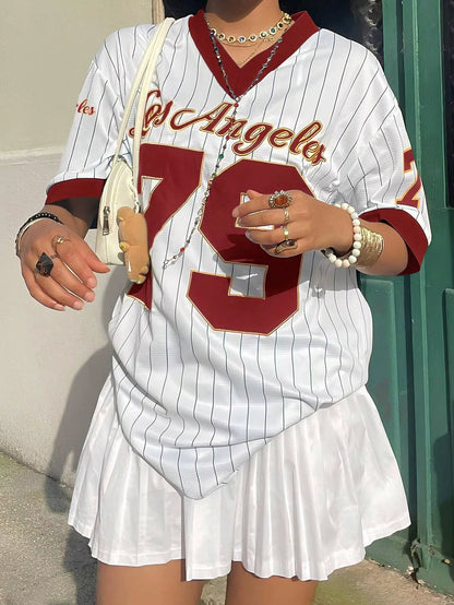 Women'S Los Angelesletter Print V-Neck Short Sleeve T-Shirt Summer Graphic Tee Baseball Jerseys Oversized Sport T-Shirt