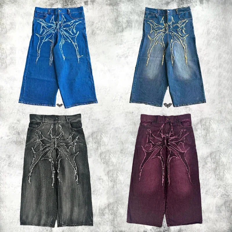 Y2K Baggy Jeans Vintage Spider Embroidered Splicing High Quality Jeans Streetwear Gothic Men Women Casual Hip Hop Wide Leg Jeans