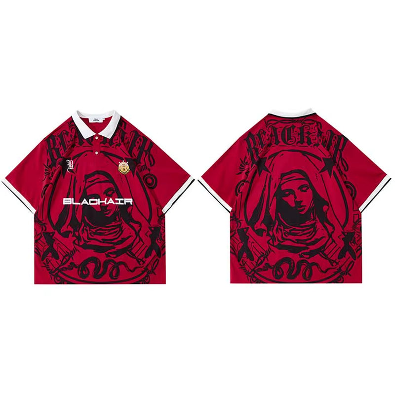 Men Hip Hop Streetwear Polo T-Shirt Virgin Mary Graphic Embroidery 2024 Summer Oversized Polo Shirt Retro Casual Cotton Tops Tee