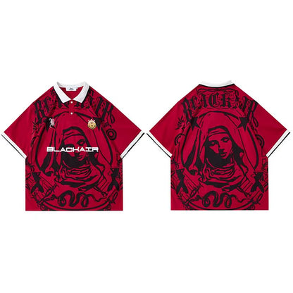 Men Hip Hop Streetwear Polo T-Shirt Virgin Mary Graphic Embroidery 2024 Summer Oversized Polo Shirt Retro Casual Cotton Tops Tee