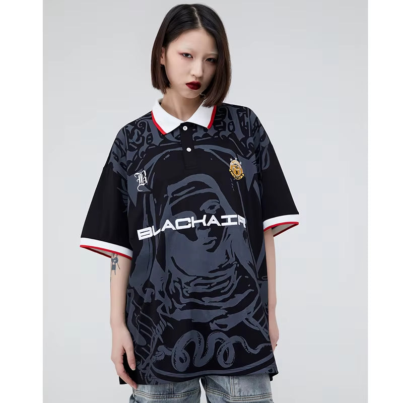 Men Hip Hop Streetwear Polo T-Shirt Virgin Mary Graphic Embroidery 2024 Summer Oversized Polo Shirt Retro Casual Cotton Tops Tee