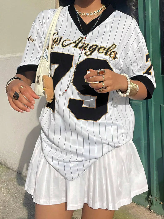 Women'S Los Angelesletter Print V-Neck Short Sleeve T-Shirt Summer Graphic Tee Baseball Jerseys Oversized Sport T-Shirt