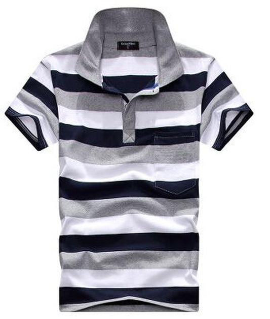 Collar Striped Short Sleeved T-Shirt Men'S Real Pocket