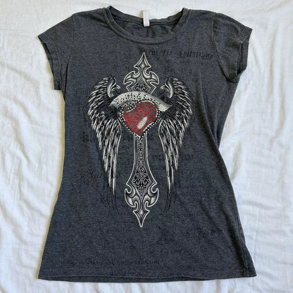 Women 90S Vintage Grunge Crop Tops Y2K Grunge Letter Print T-Shirt Retro Graphic Short Sleeve Tee Punk Hip Hop Cyber Streetwear