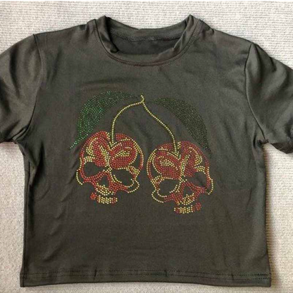 Aesthetic Punk Slim Emo Girls Baby Tee Gothic Streetwear Vintage Rhinestone Skull Graphic Grunge T-Shirt 2000S Crop Tops Emo