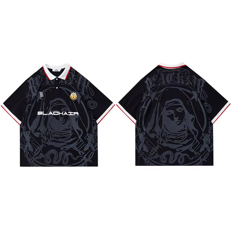 Men Hip Hop Streetwear Polo T-Shirt Virgin Mary Graphic Embroidery 2024 Summer Oversized Polo Shirt Retro Casual Cotton Tops Tee