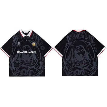 Men Hip Hop Streetwear Polo T-Shirt Virgin Mary Graphic Embroidery 2024 Summer Oversized Polo Shirt Retro Casual Cotton Tops Tee