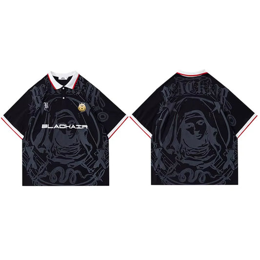 Men Hip Hop Streetwear Polo T-Shirt Virgin Mary Graphic Embroidery 2024 Summer Oversized Polo Shirt Retro Casual Cotton Tops Tee