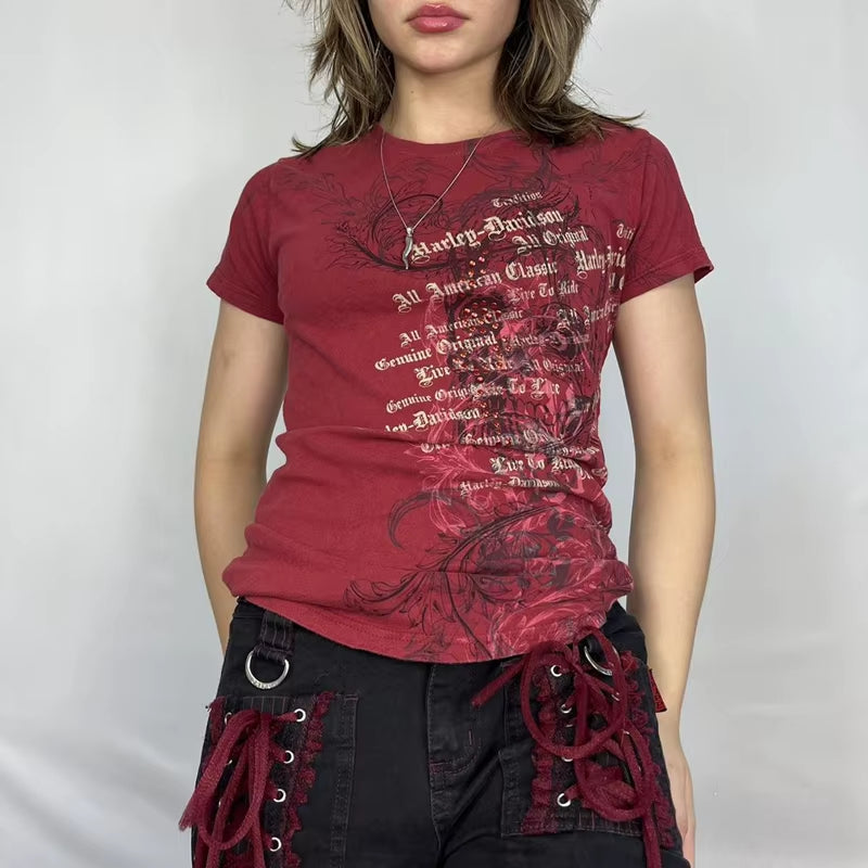 Women 90S Vintage Grunge Crop Tops Y2K Grunge Letter Print T-Shirt Retro Graphic Short Sleeve Tee Punk Hip Hop Cyber Streetwear