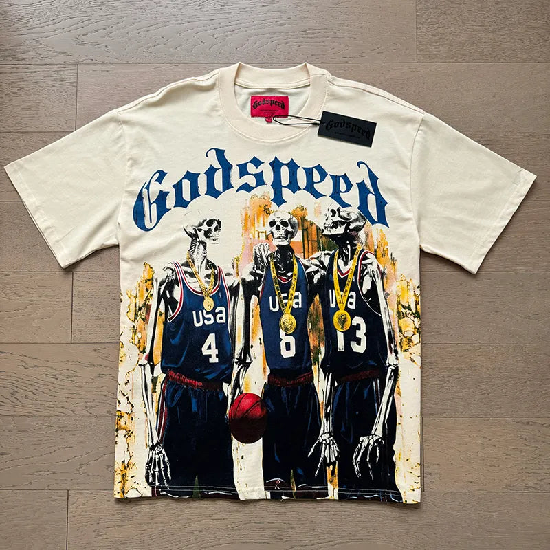 Godspeed Designer T Shirt Classic Graphic Tee Mens Shirt Vintage Printed Skull Short Sleeve Wash Water to Make Old Cotton Short Sleeve