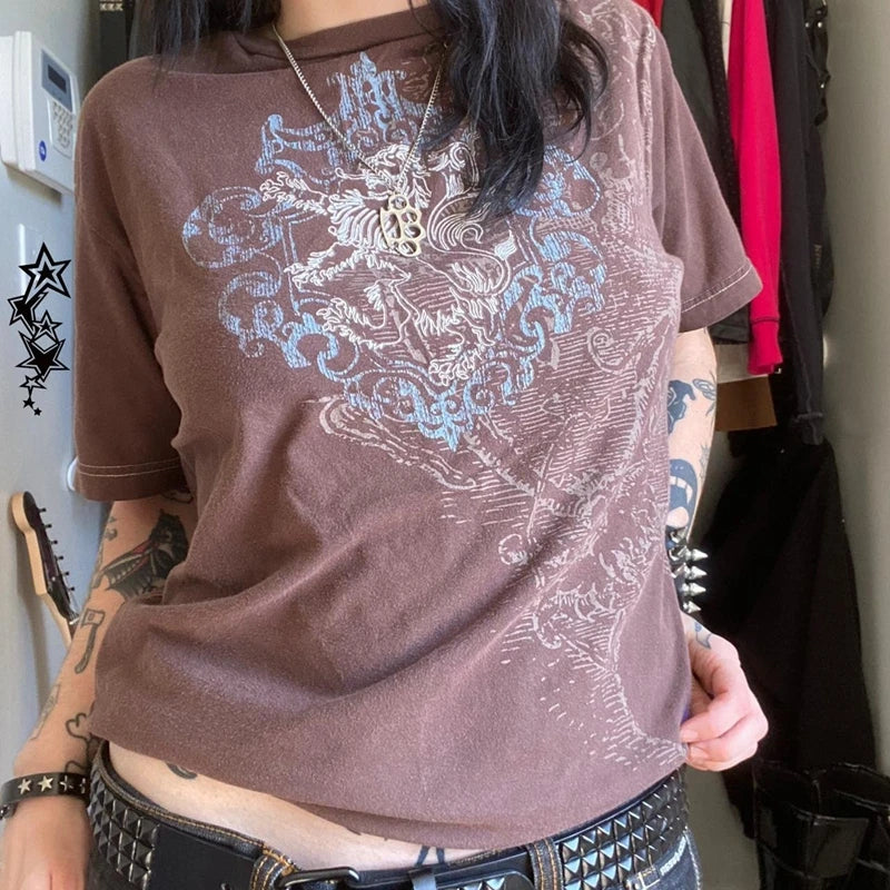 Mall Goth Cyber Grunge 00S Retro Tee Emo Vintage Brown Y2K Graphic Print T-Shirt Women Men Short Sleeve O Neck Tops Clothes