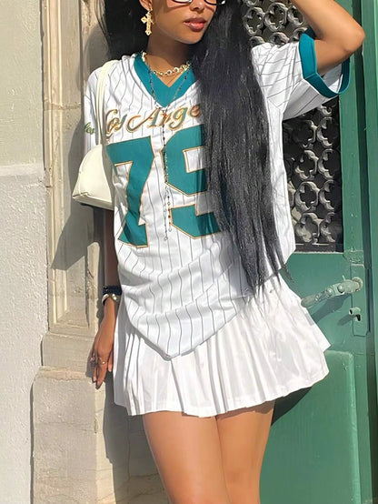 Women'S Los Angelesletter Print V-Neck Short Sleeve T-Shirt Summer Graphic Tee Baseball Jerseys Oversized Sport T-Shirt